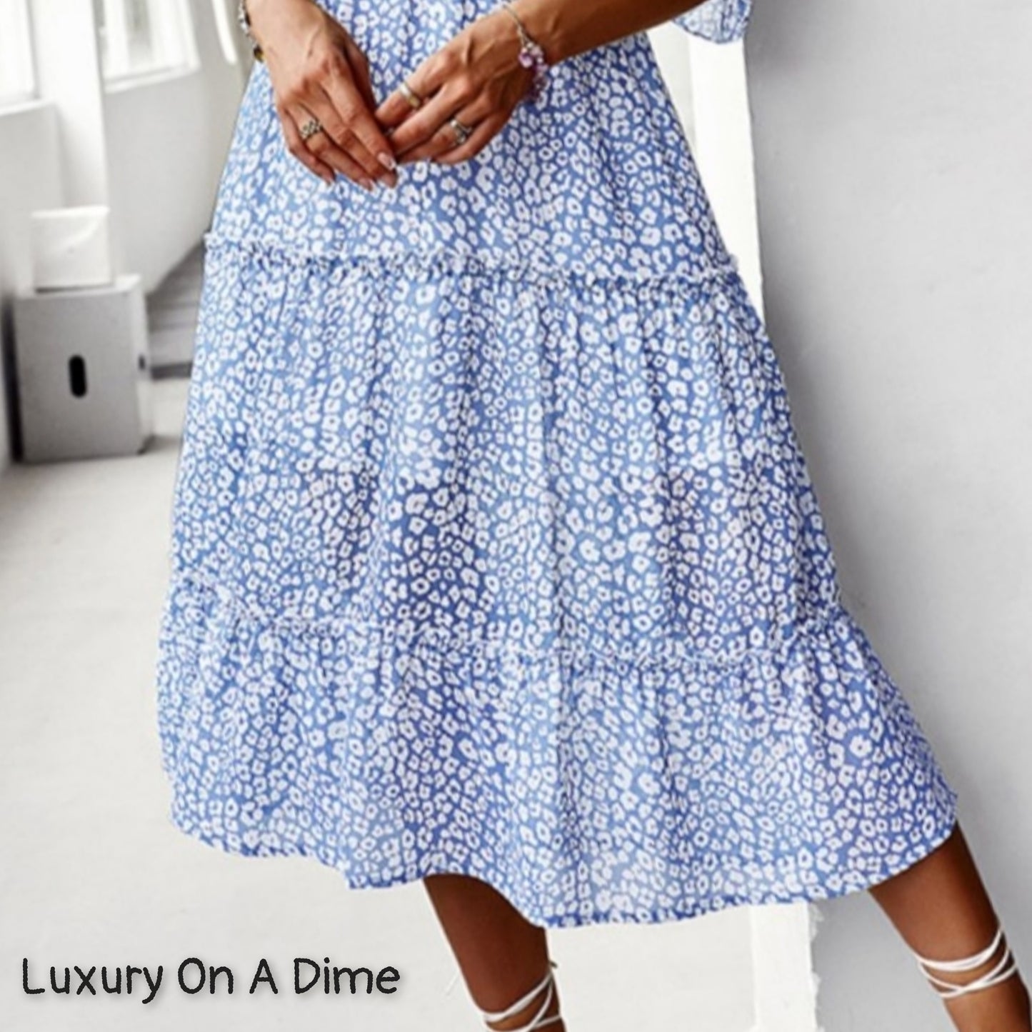 Pastel Ditsy Floral Midi Off-Shoulder Smocked Dress