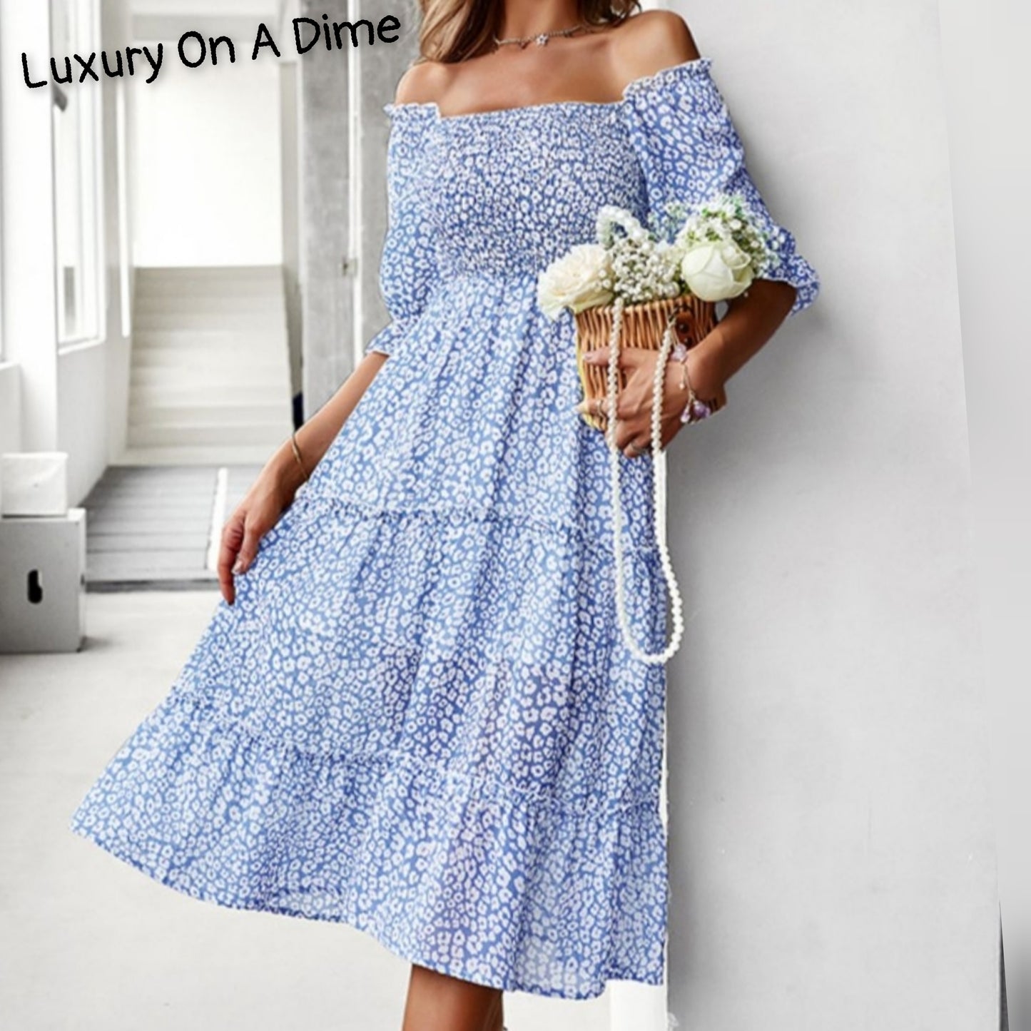 Pastel Ditsy Floral Midi Off-Shoulder Smocked Dress