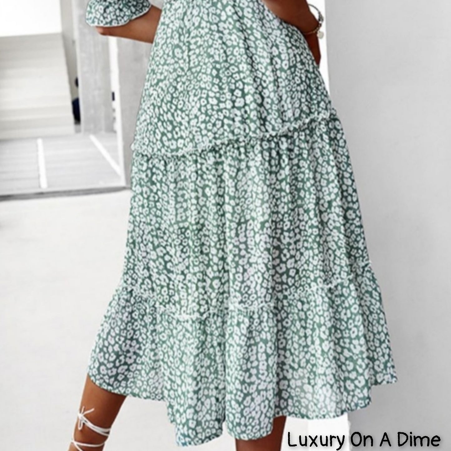 Pastel Ditsy Floral Midi Off-Shoulder Smocked Dress