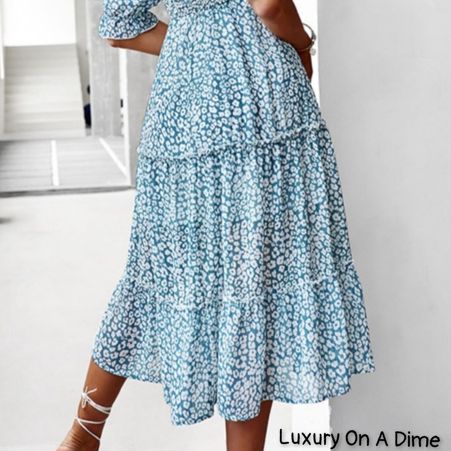 Pastel Ditsy Floral Midi Off-Shoulder Smocked Dress