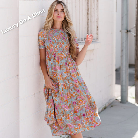 Retro 70s Floral Smock Bodice Short Sleeve Modest Midi Dress