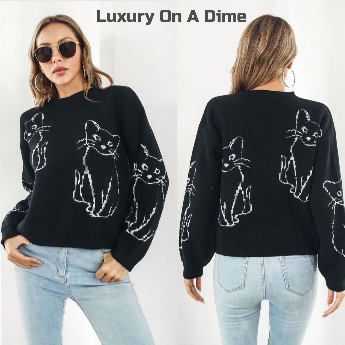 Kitty Cat Knit Round Neck Long Sleeve Pullover Sweater