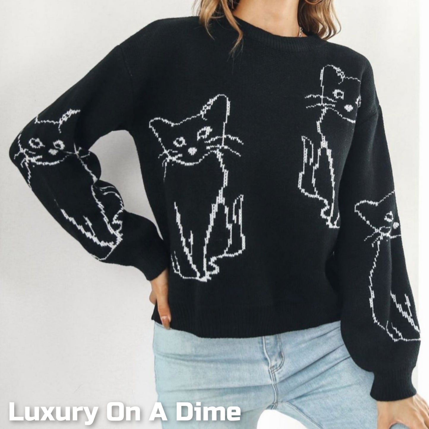 Kitty Cat Knit Round Neck Long Sleeve Pullover Sweater