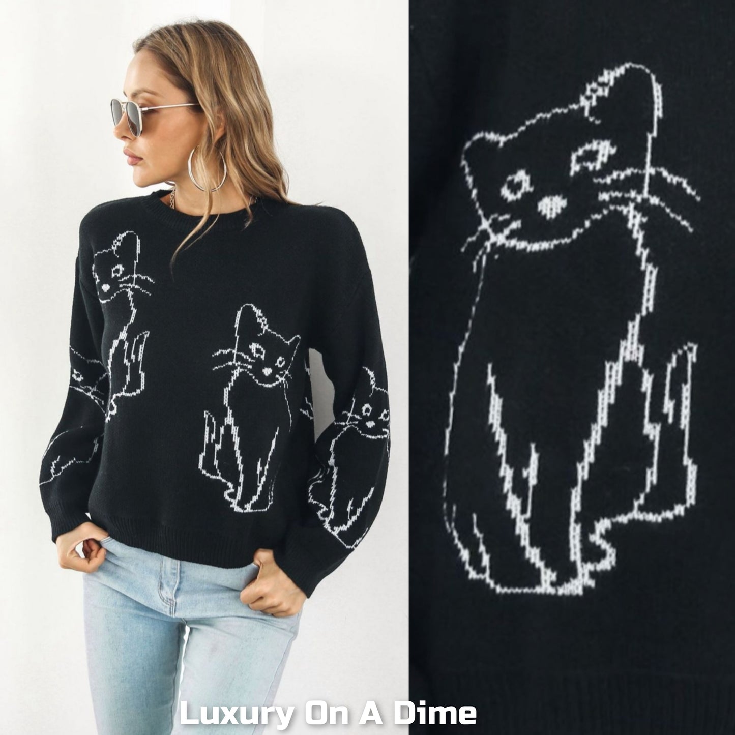 Kitty Cat Knit Round Neck Long Sleeve Pullover Sweater