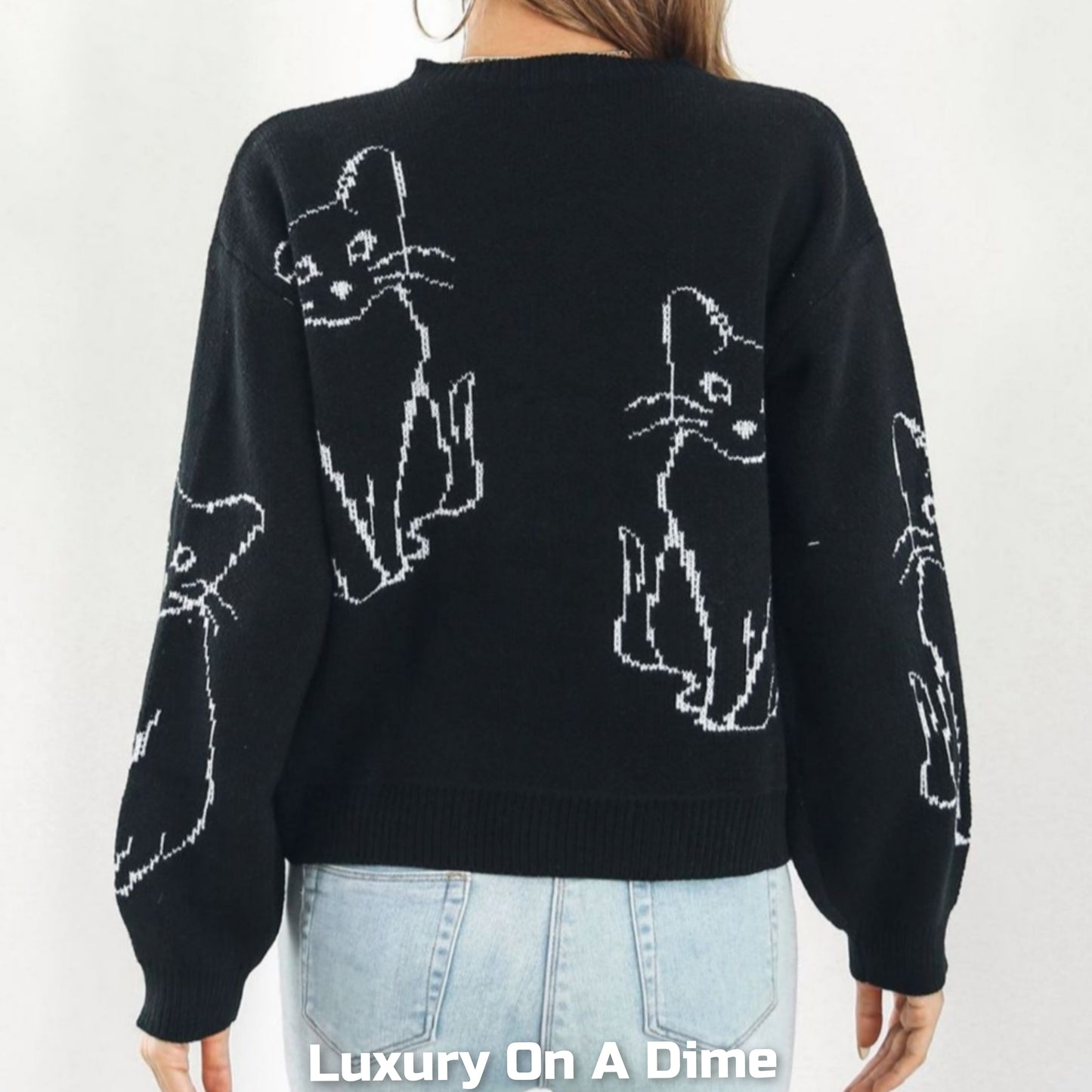 Kitty Cat Knit Round Neck Long Sleeve Pullover Sweater