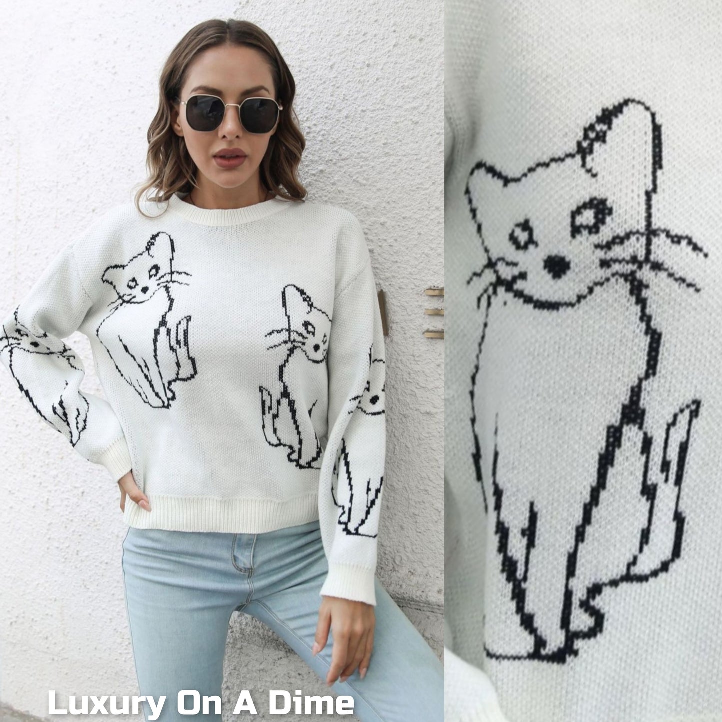 Kitty Cat Knit Round Neck Long Sleeve Pullover Sweater