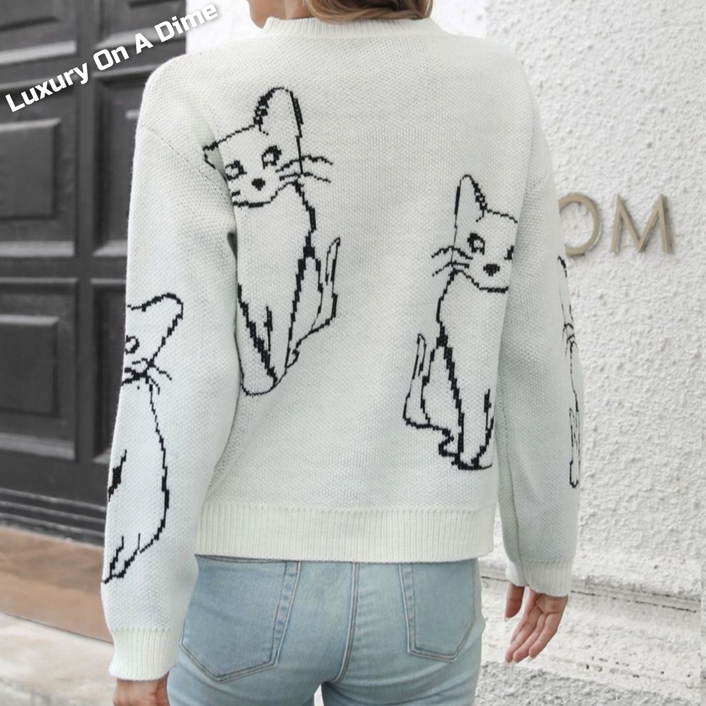 Kitty Cat Knit Round Neck Long Sleeve Pullover Sweater