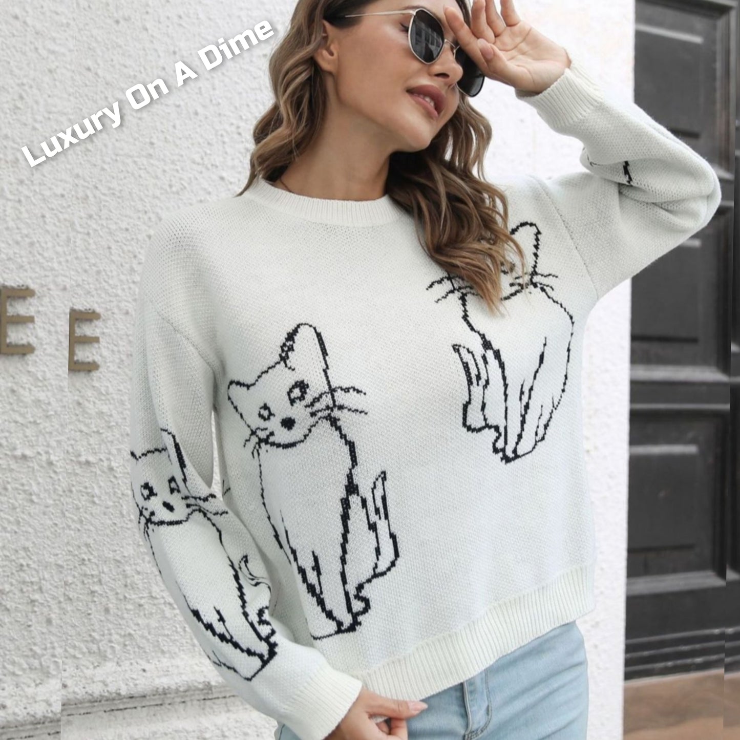 Kitty Cat Knit Round Neck Long Sleeve Pullover Sweater