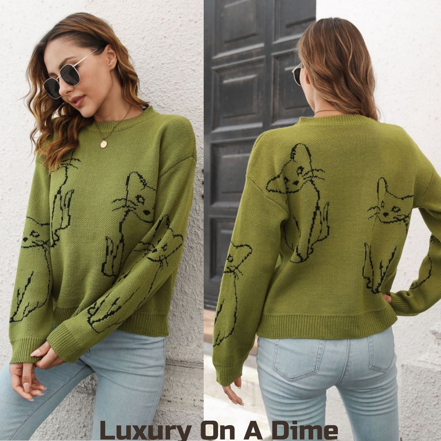 Kitty Cat Knit Round Neck Long Sleeve Pullover Sweater