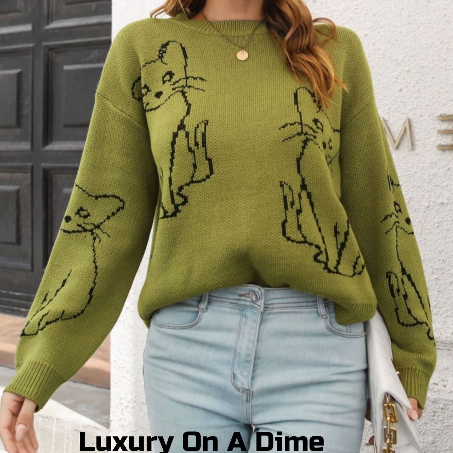 Kitty Cat Knit Round Neck Long Sleeve Pullover Sweater