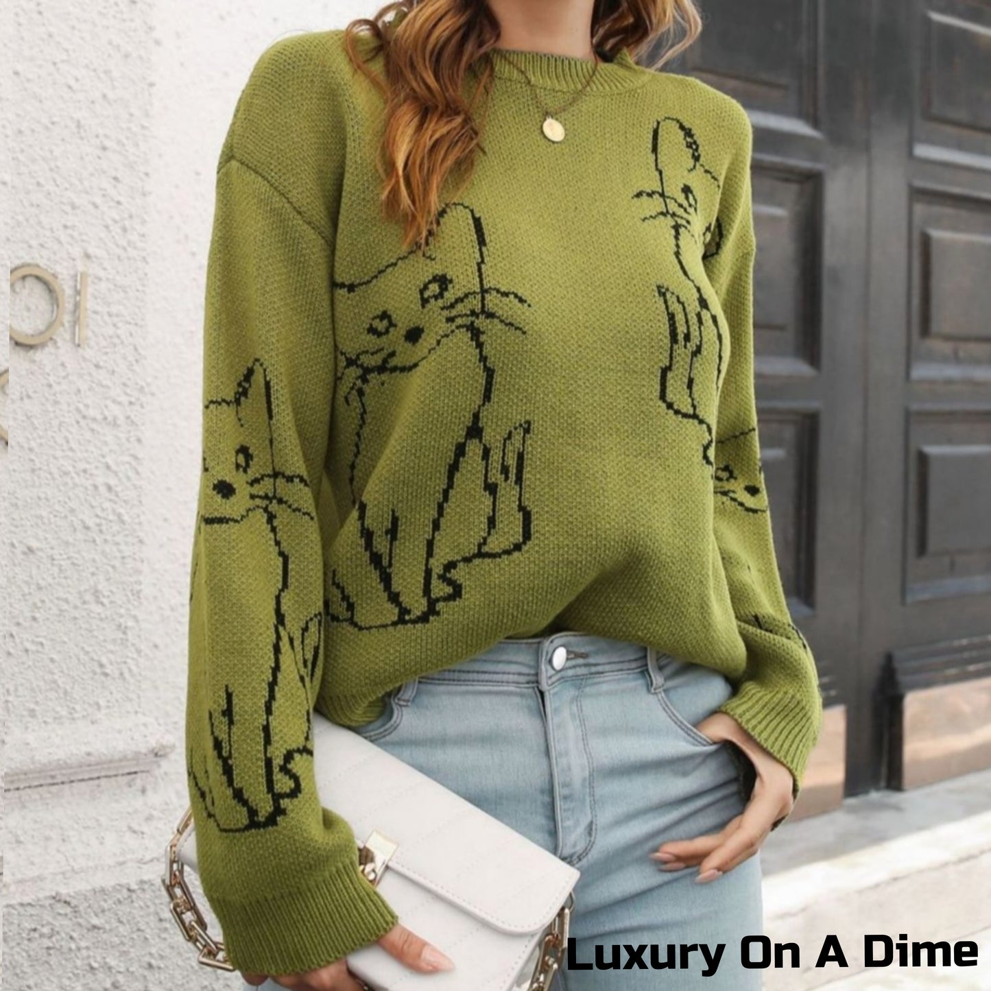 Kitty Cat Knit Round Neck Long Sleeve Pullover Sweater