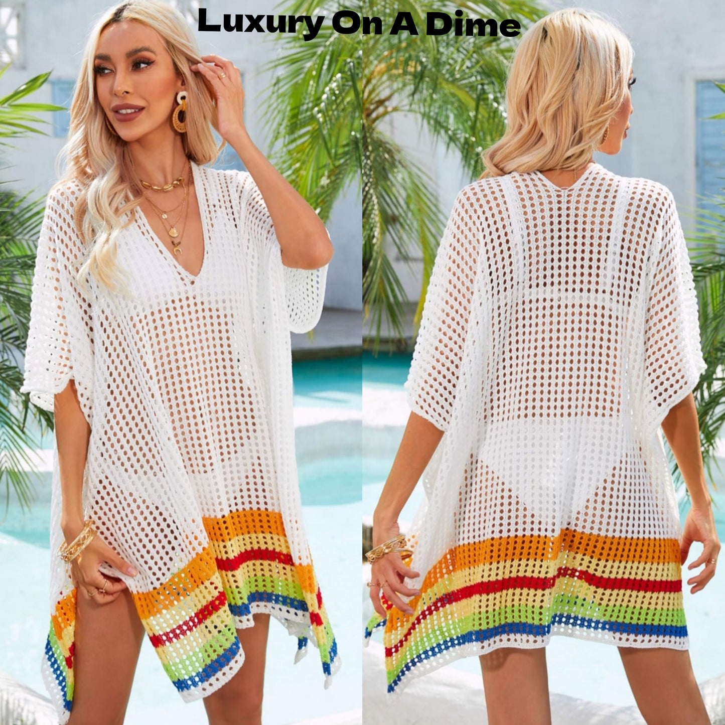 Colorful Rainbow Stripe Openwork Slit Oversized Cover-Up Shirt