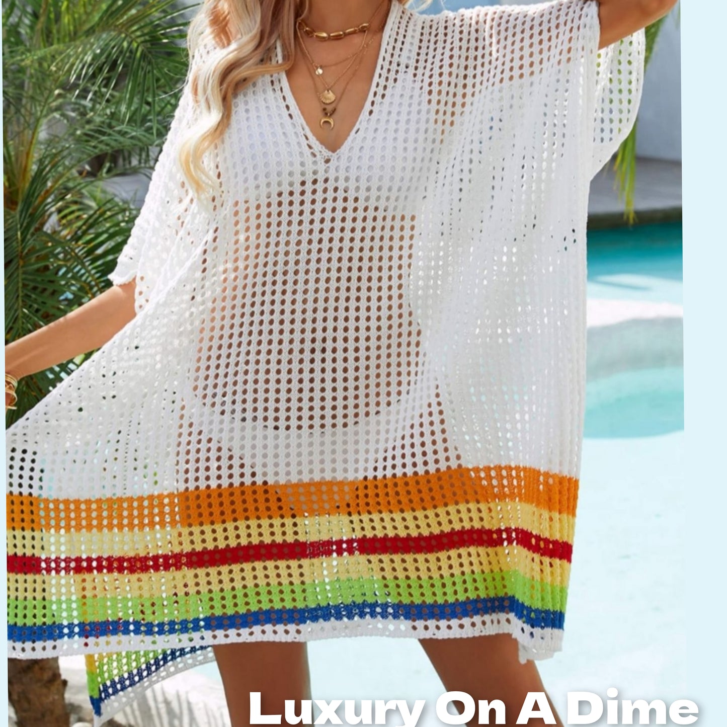 Colorful Rainbow Stripe Openwork Slit Oversized Cover-Up Shirt