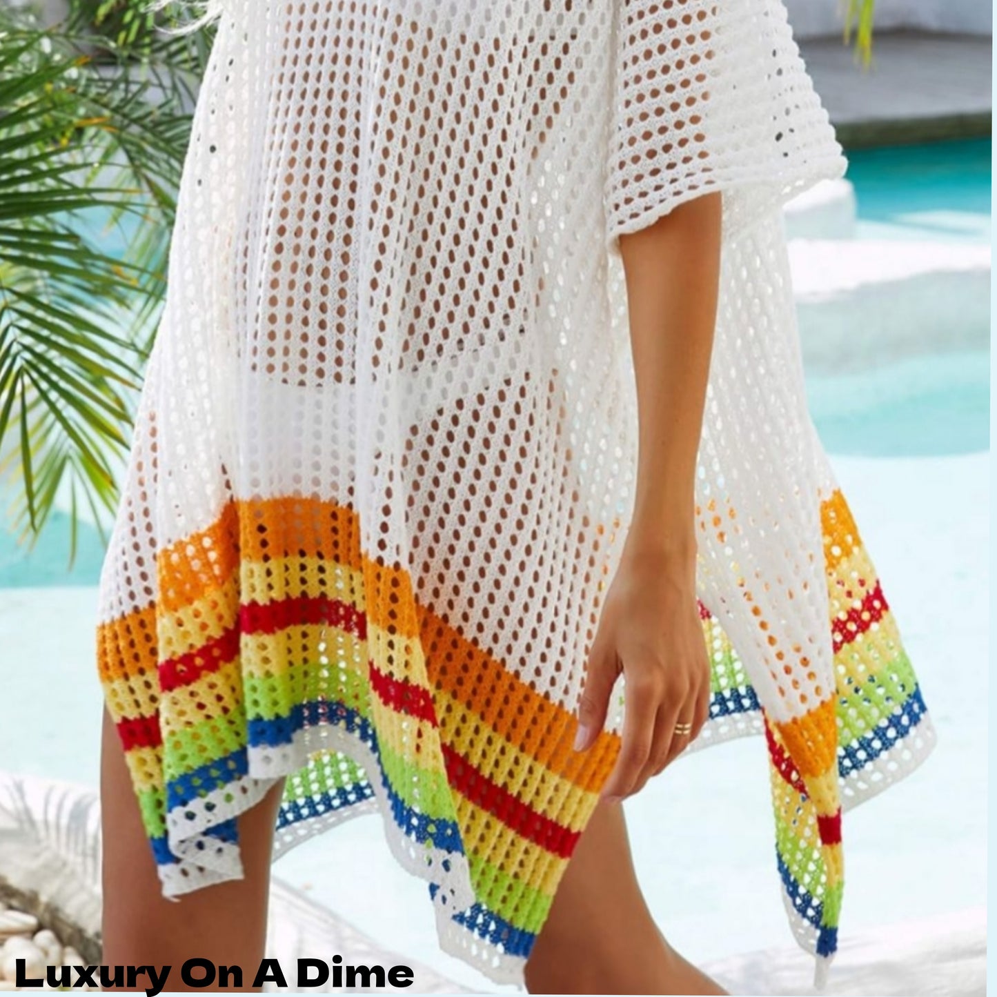 Colorful Rainbow Stripe Openwork Slit Oversized Cover-Up Shirt