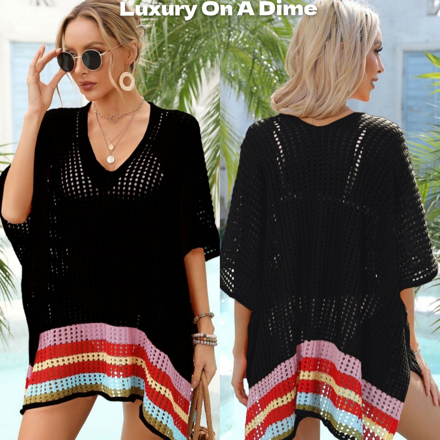 Colorful Rainbow Stripe Openwork Slit Oversized Cover-Up Shirt