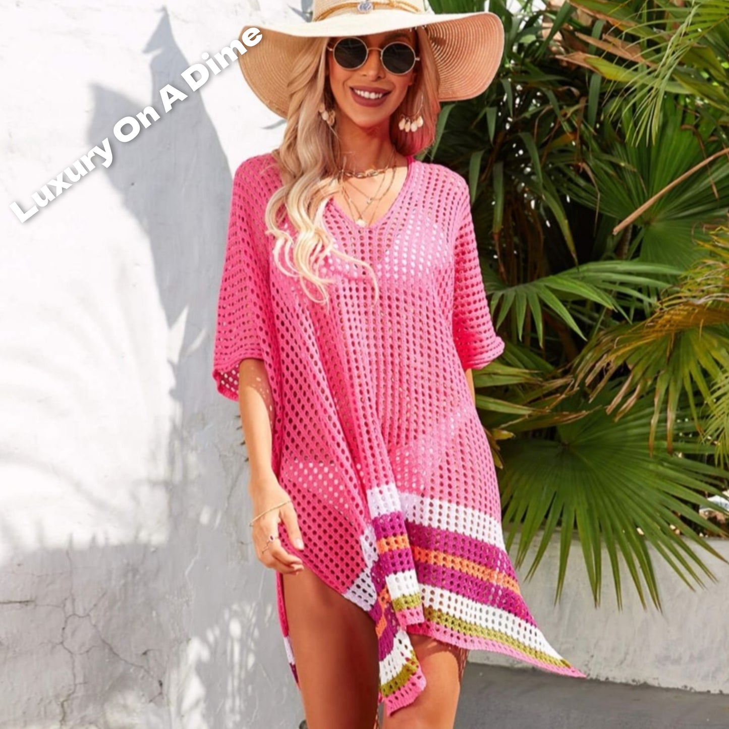 Colorful Rainbow Stripe Openwork Slit Oversized Cover-Up Shirt