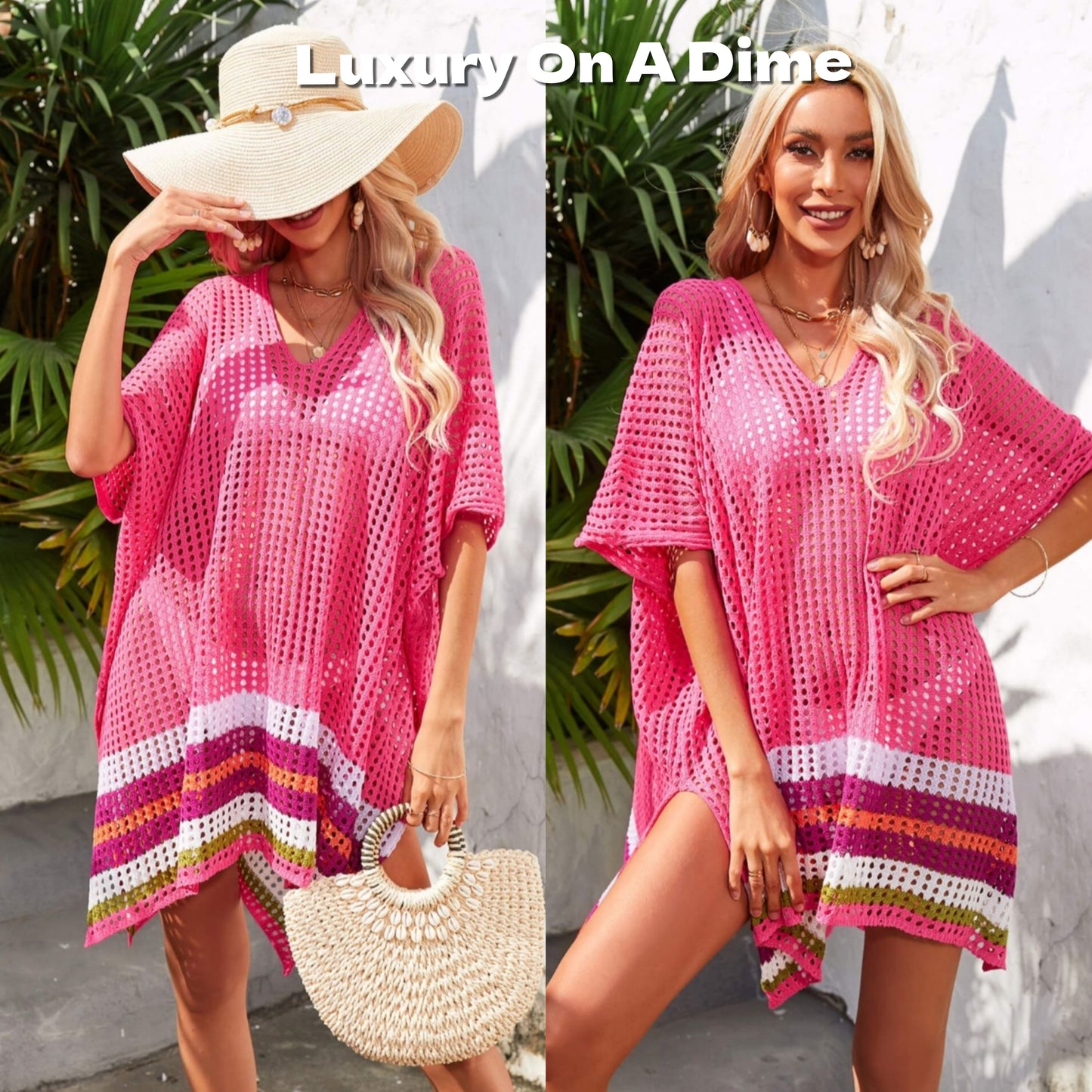 Colorful Rainbow Stripe Openwork Slit Oversized Cover-Up Shirt