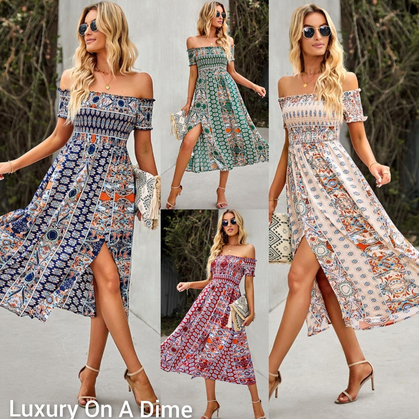 Bohemian Retro 70s Floral Smock Chest Off-Shoulder Midi Summer Dress