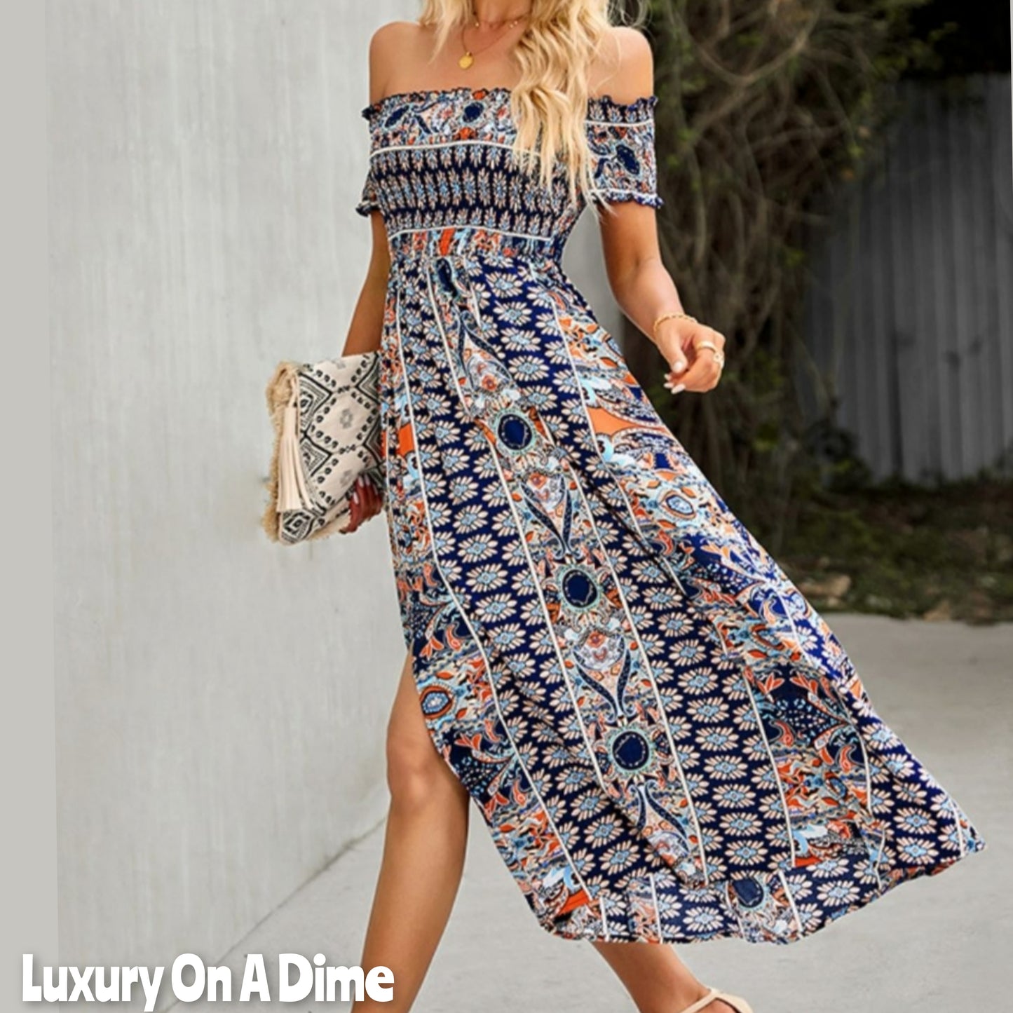 Bohemian Retro 70s Floral Smock Chest Off-Shoulder Midi Summer Dress