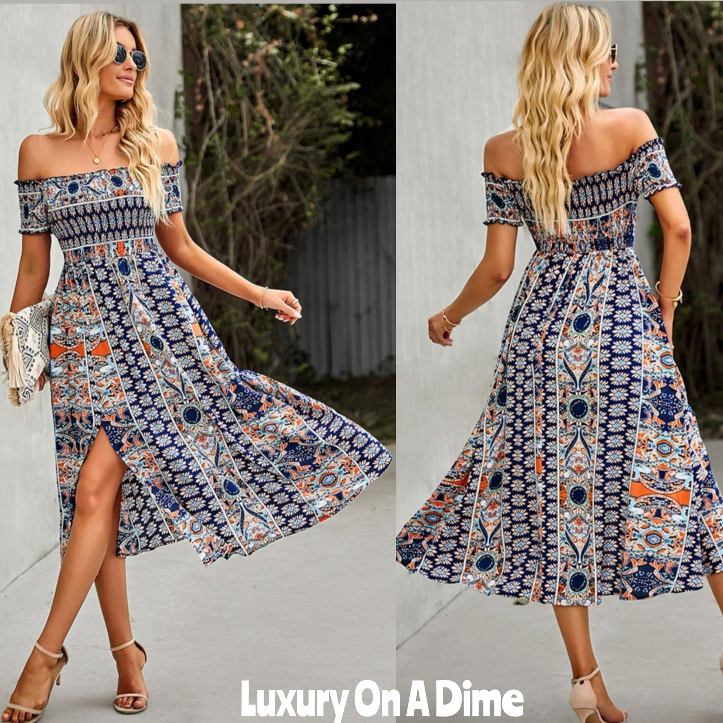 Bohemian Retro 70s Floral Smock Chest Off-Shoulder Midi Summer Dress