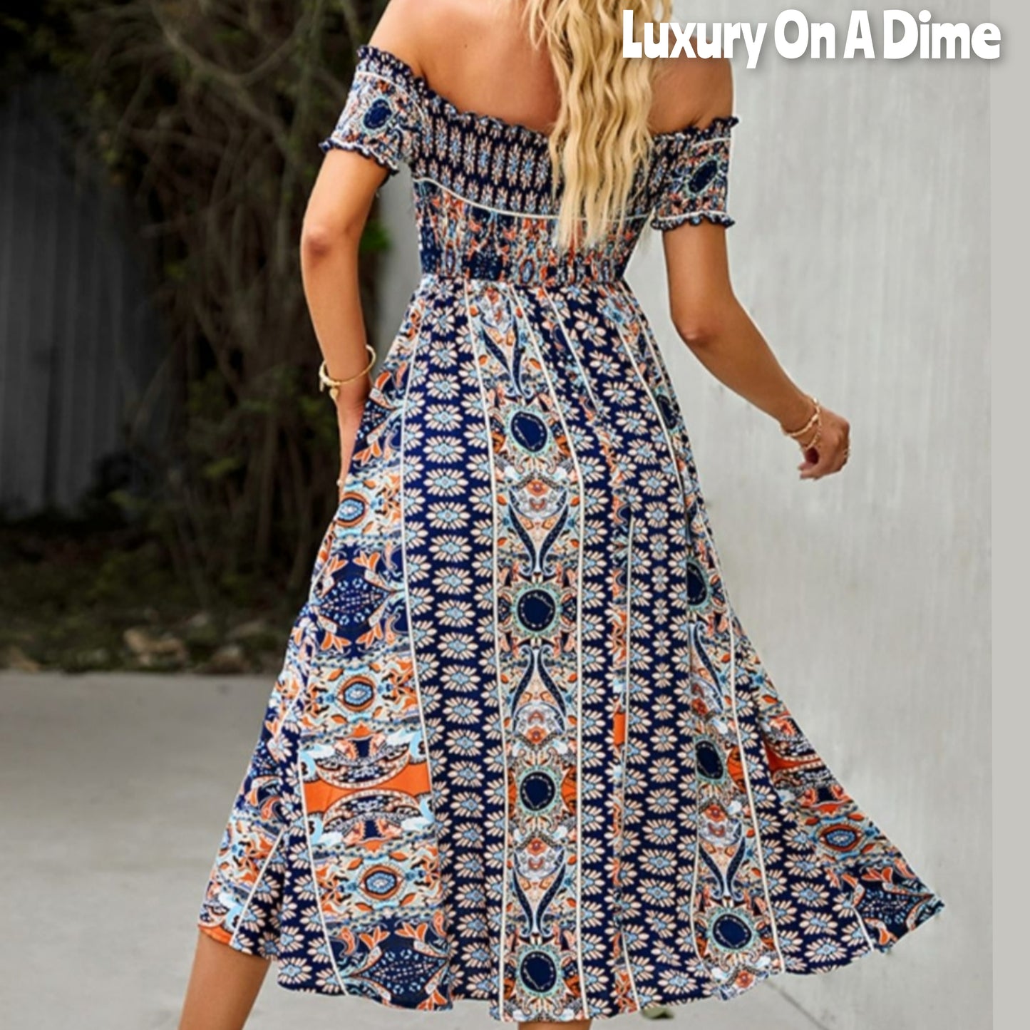 Bohemian Retro 70s Floral Smock Chest Off-Shoulder Midi Summer Dress