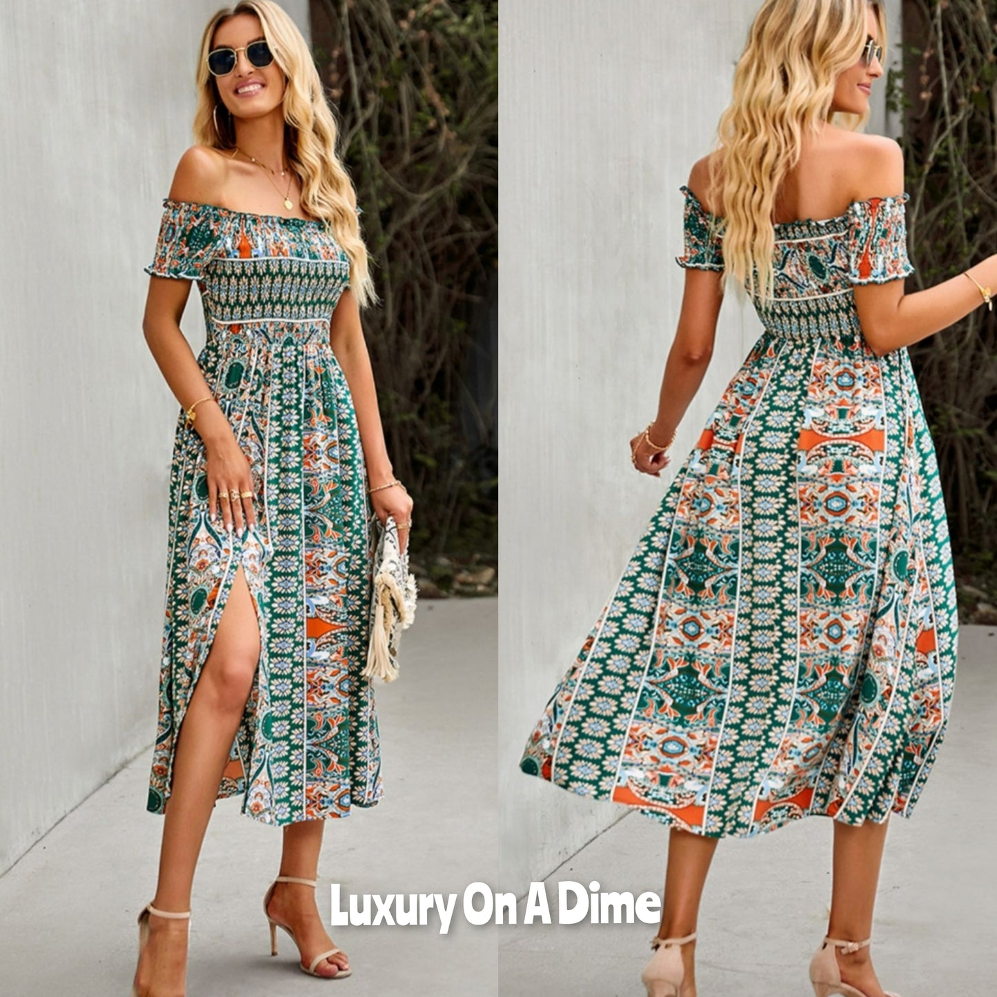 Bohemian Retro 70s Floral Smock Chest Off-Shoulder Midi Summer Dress