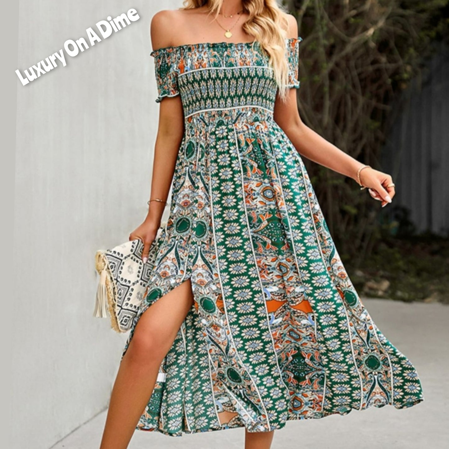 Bohemian Retro 70s Floral Smock Chest Off-Shoulder Midi Summer Dress