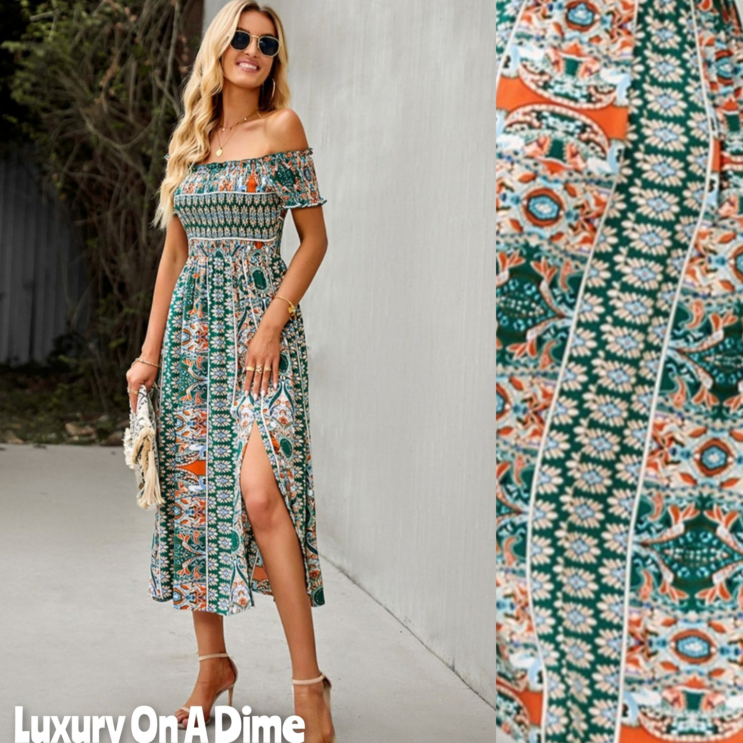 Bohemian Retro 70s Floral Smock Chest Off-Shoulder Midi Summer Dress