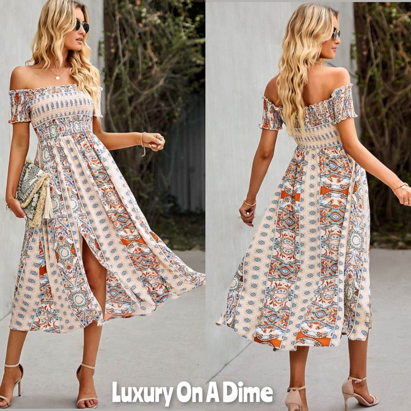 Bohemian Retro 70s Floral Smock Chest Off-Shoulder Midi Summer Dress