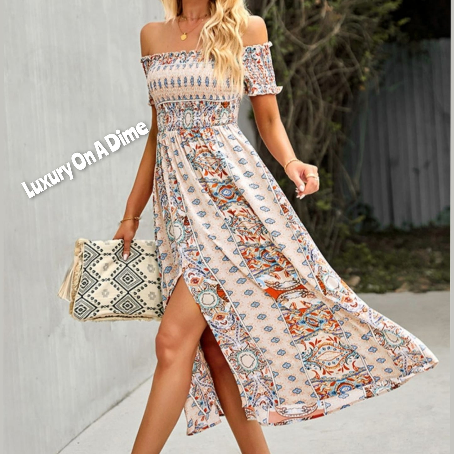 Bohemian Retro 70s Floral Smock Chest Off-Shoulder Midi Summer Dress