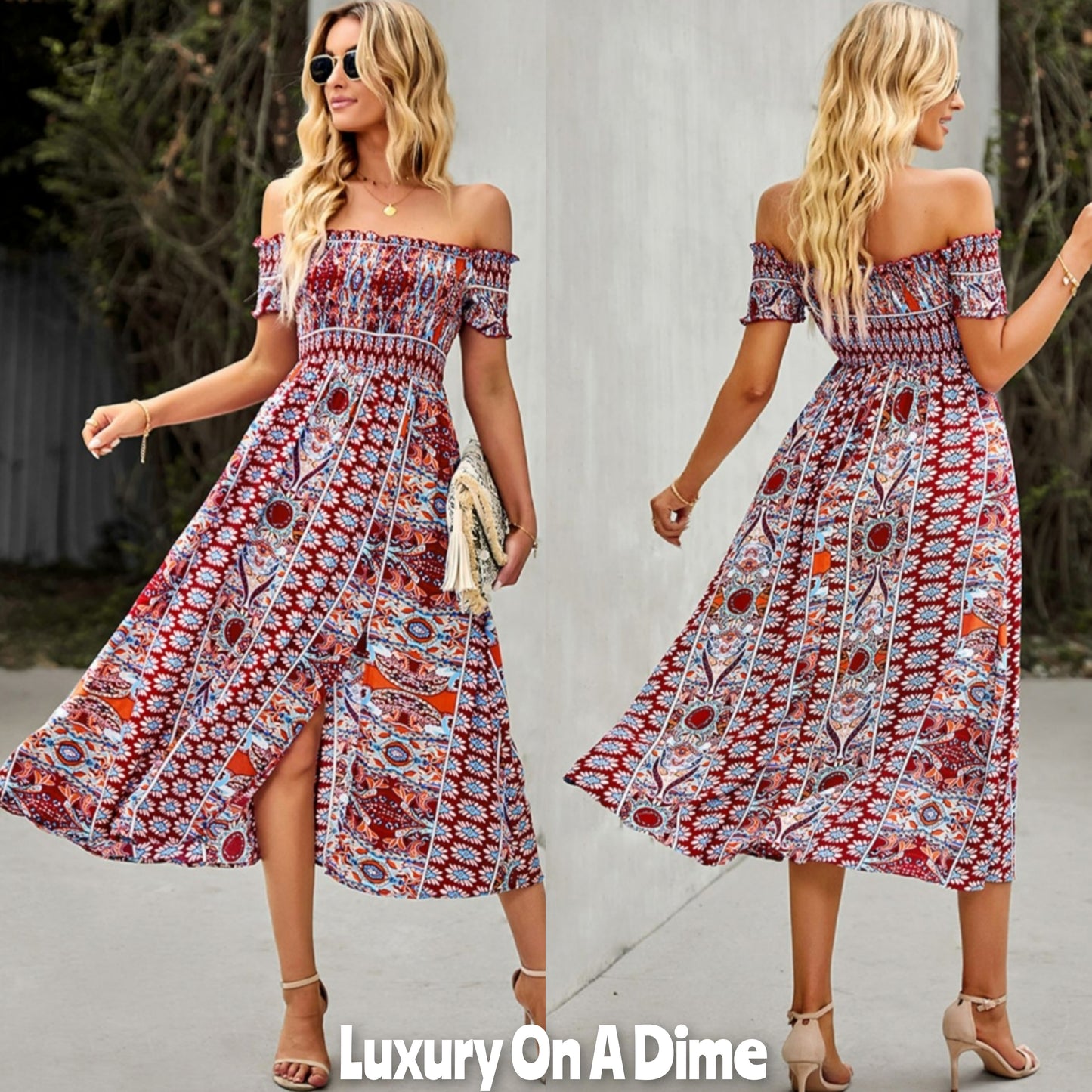 Bohemian Retro 70s Floral Smock Chest Off-Shoulder Midi Summer Dress