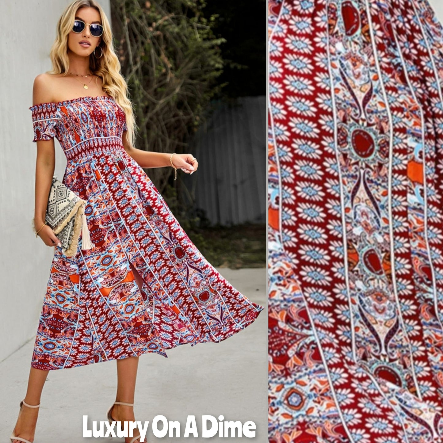 Bohemian Retro 70s Floral Smock Chest Off-Shoulder Midi Summer Dress