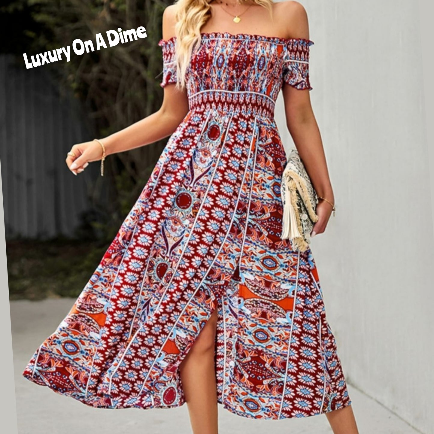 Bohemian Retro 70s Floral Smock Chest Off-Shoulder Midi Summer Dress