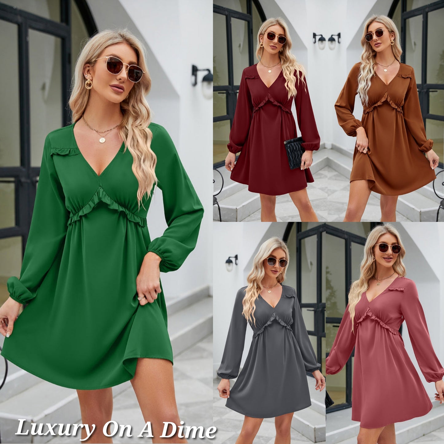 ALL RUFFLED UP V-Neck Frill Long Sleeve Mini Dress