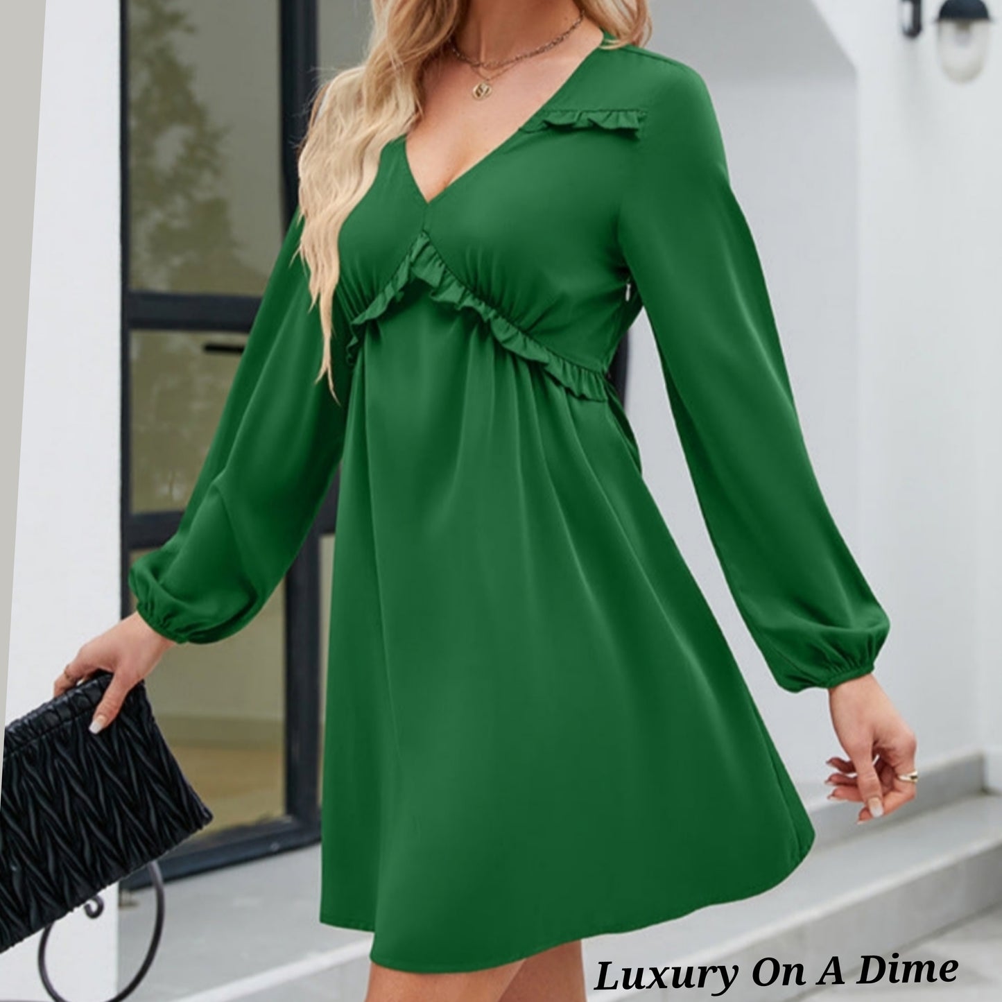 ALL RUFFLED UP V-Neck Frill Long Sleeve Mini Dress