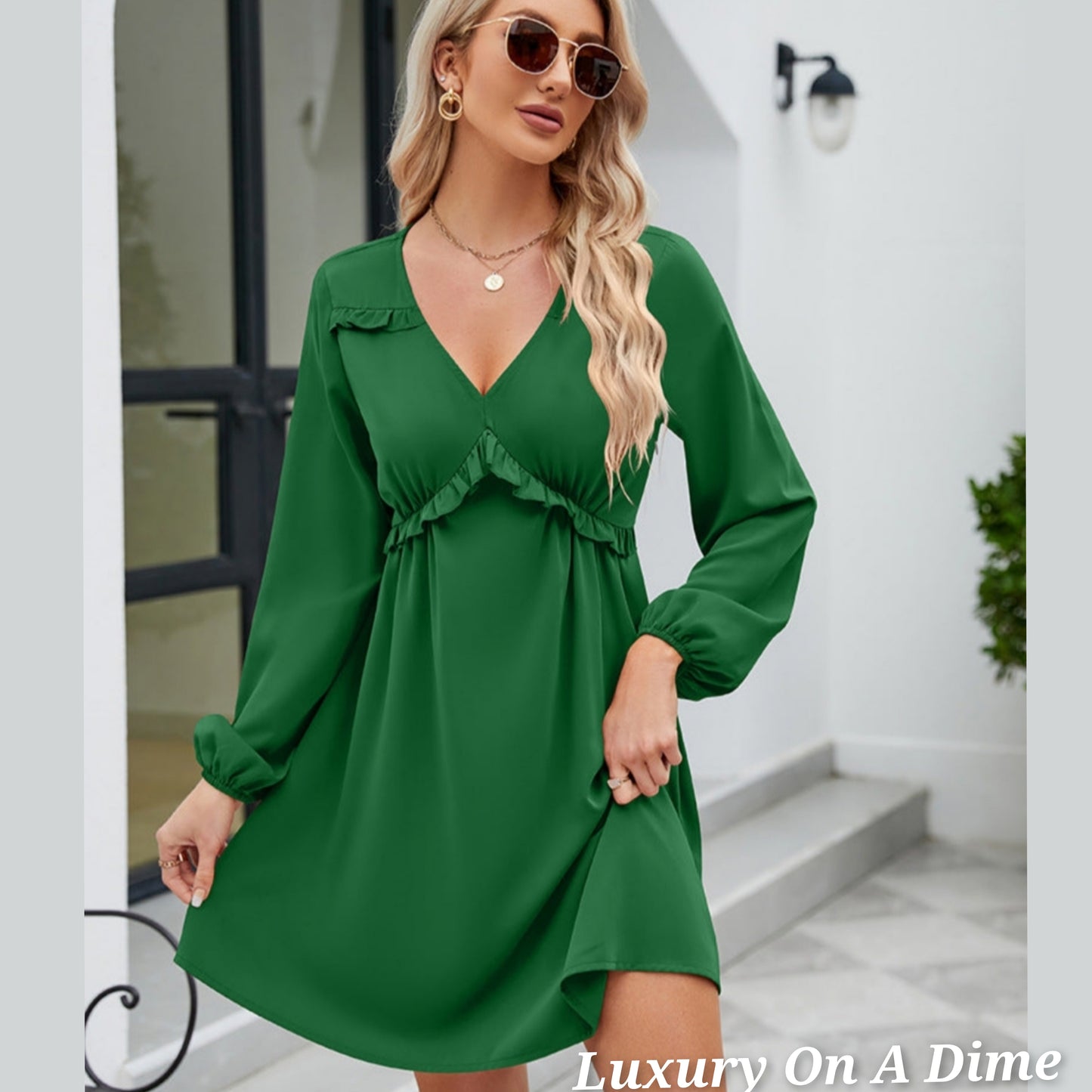 ALL RUFFLED UP V-Neck Frill Long Sleeve Mini Dress