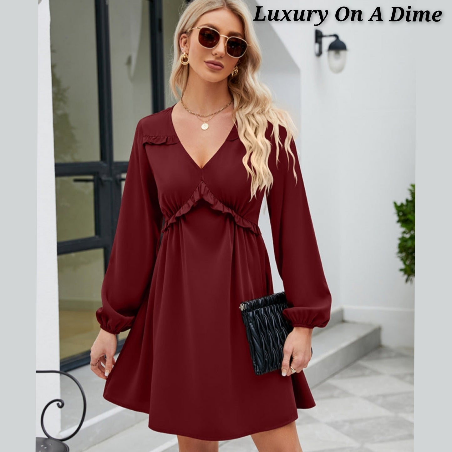 ALL RUFFLED UP V-Neck Frill Long Sleeve Mini Dress