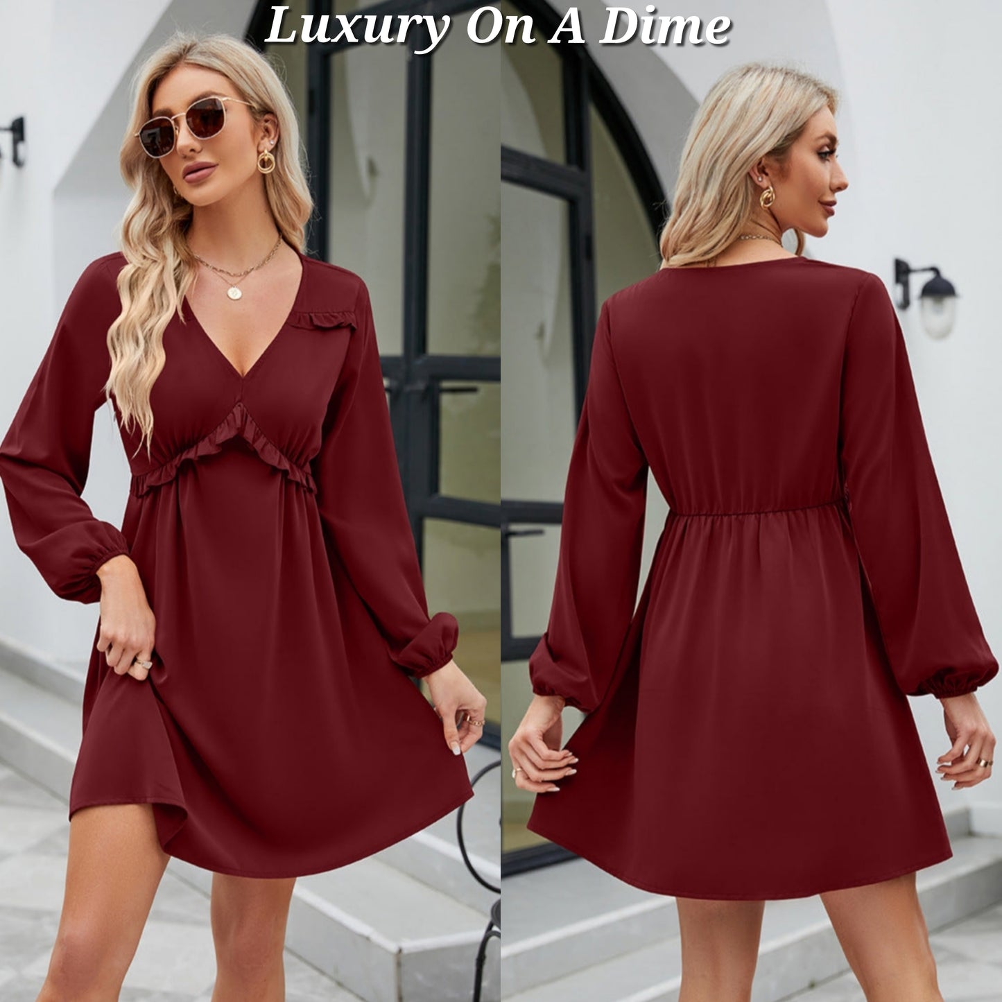 ALL RUFFLED UP V-Neck Frill Long Sleeve Mini Dress