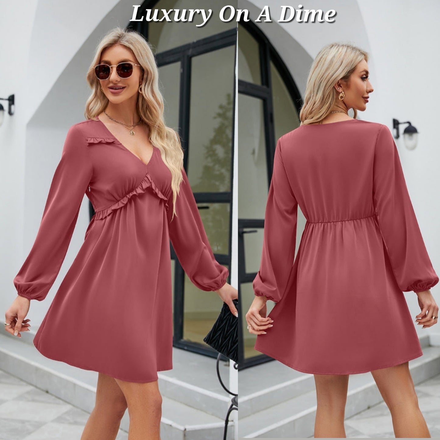 ALL RUFFLED UP V-Neck Frill Long Sleeve Mini Dress