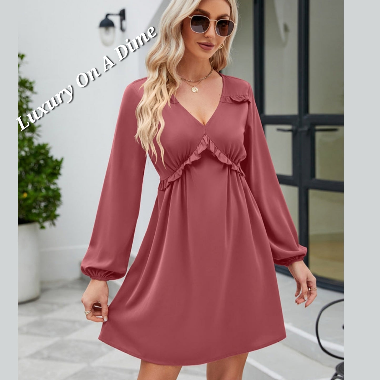 ALL RUFFLED UP V-Neck Frill Long Sleeve Mini Dress