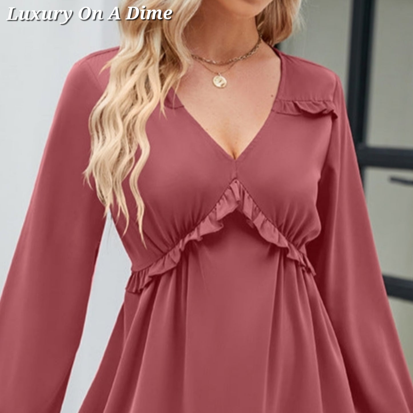 ALL RUFFLED UP V-Neck Frill Long Sleeve Mini Dress