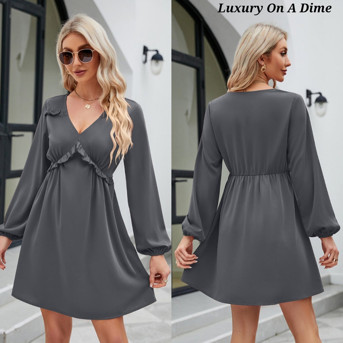 ALL RUFFLED UP V-Neck Frill Long Sleeve Mini Dress