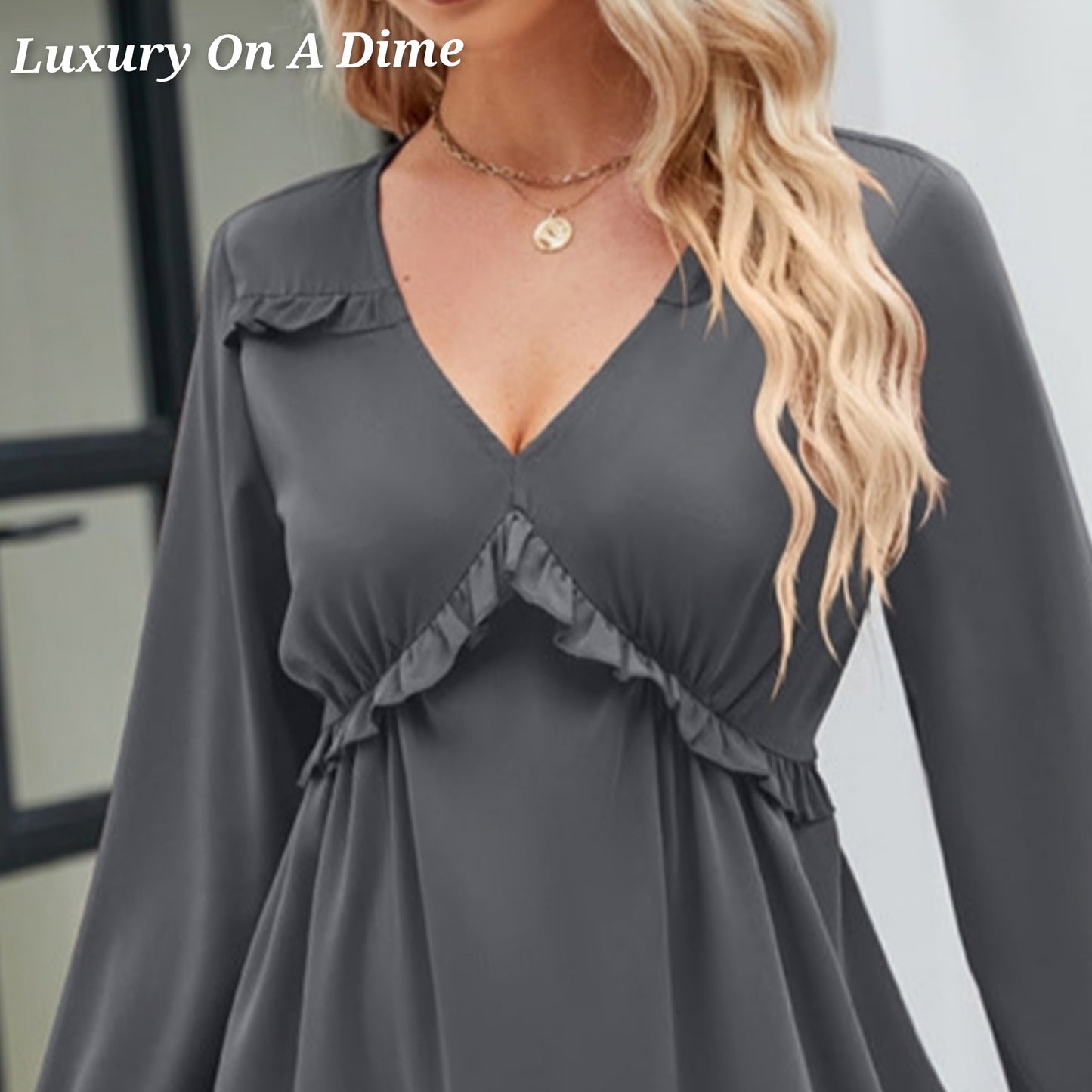 ALL RUFFLED UP V-Neck Frill Long Sleeve Mini Dress