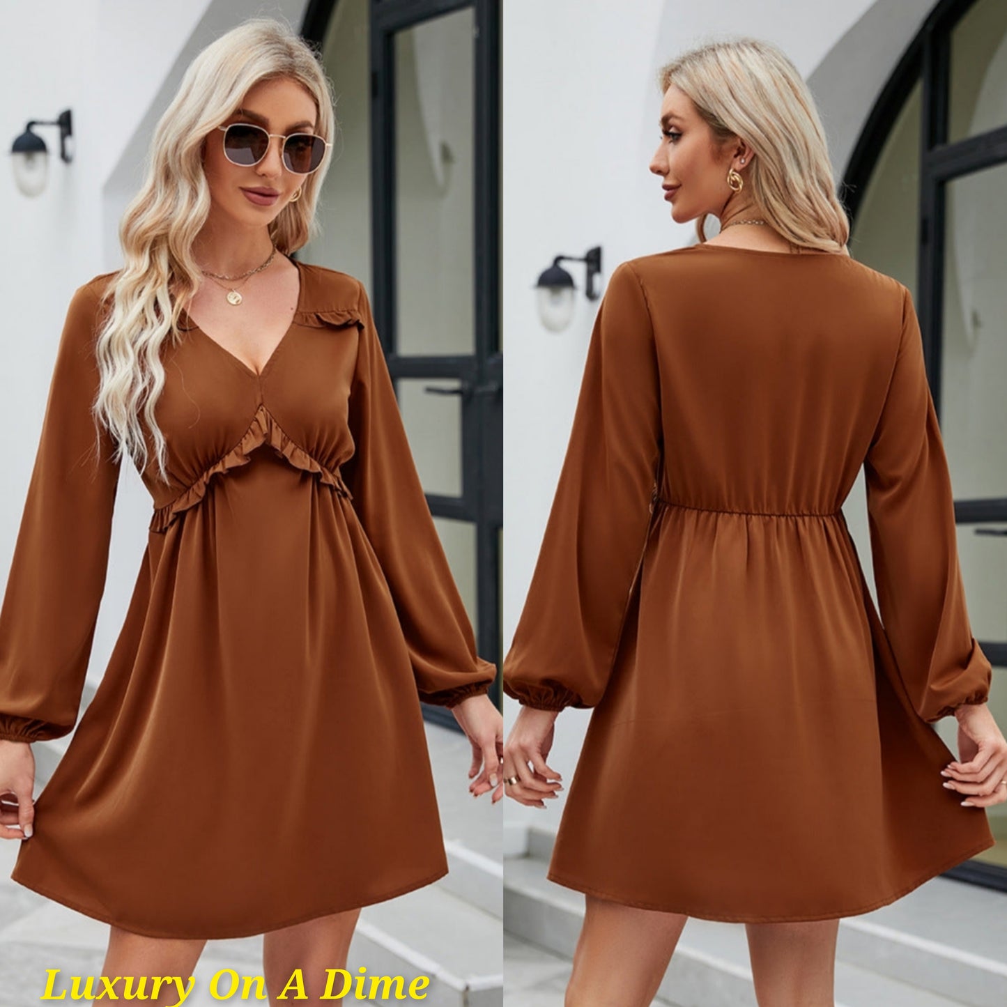 ALL RUFFLED UP V-Neck Frill Long Sleeve Mini Dress