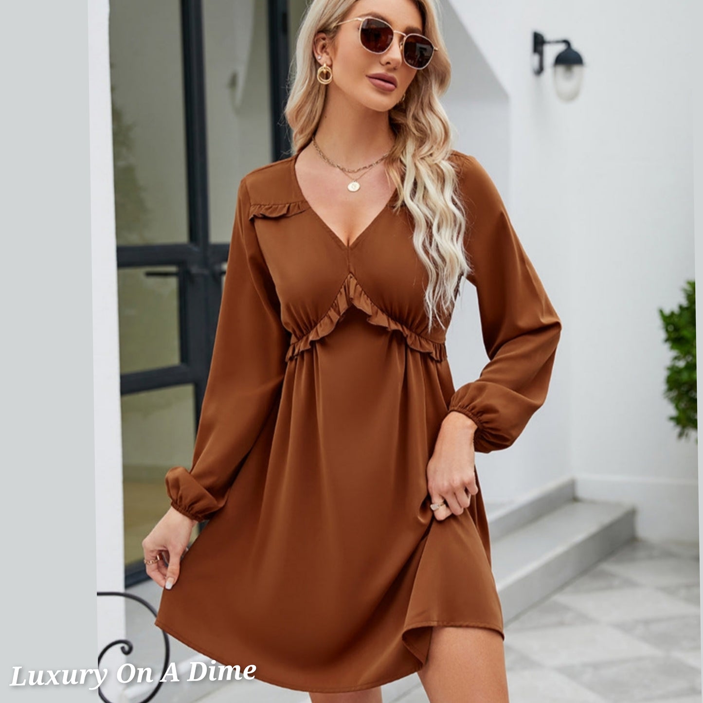 ALL RUFFLED UP V-Neck Frill Long Sleeve Mini Dress