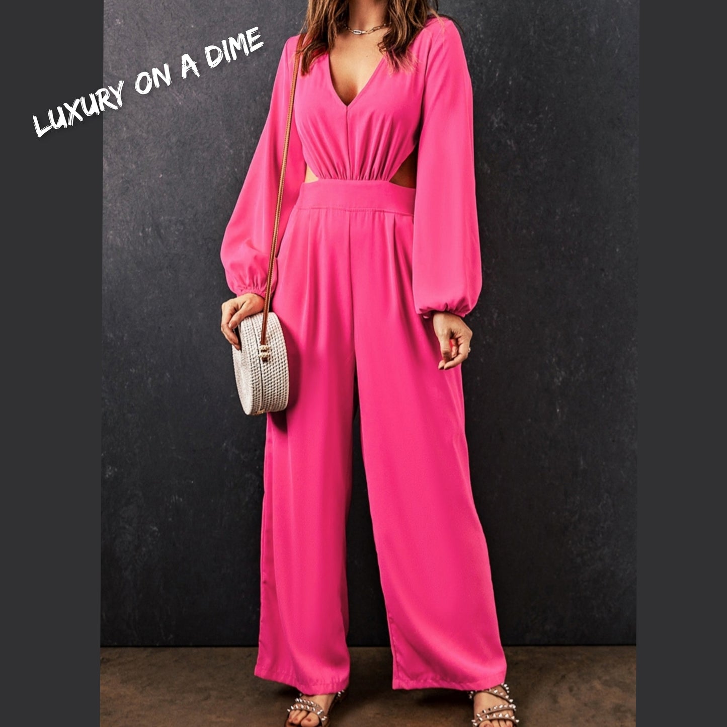 Cutout Side Plunge V-neck Long Sleeve Pant One-piece Neon Hot Pink Jumpsuit
