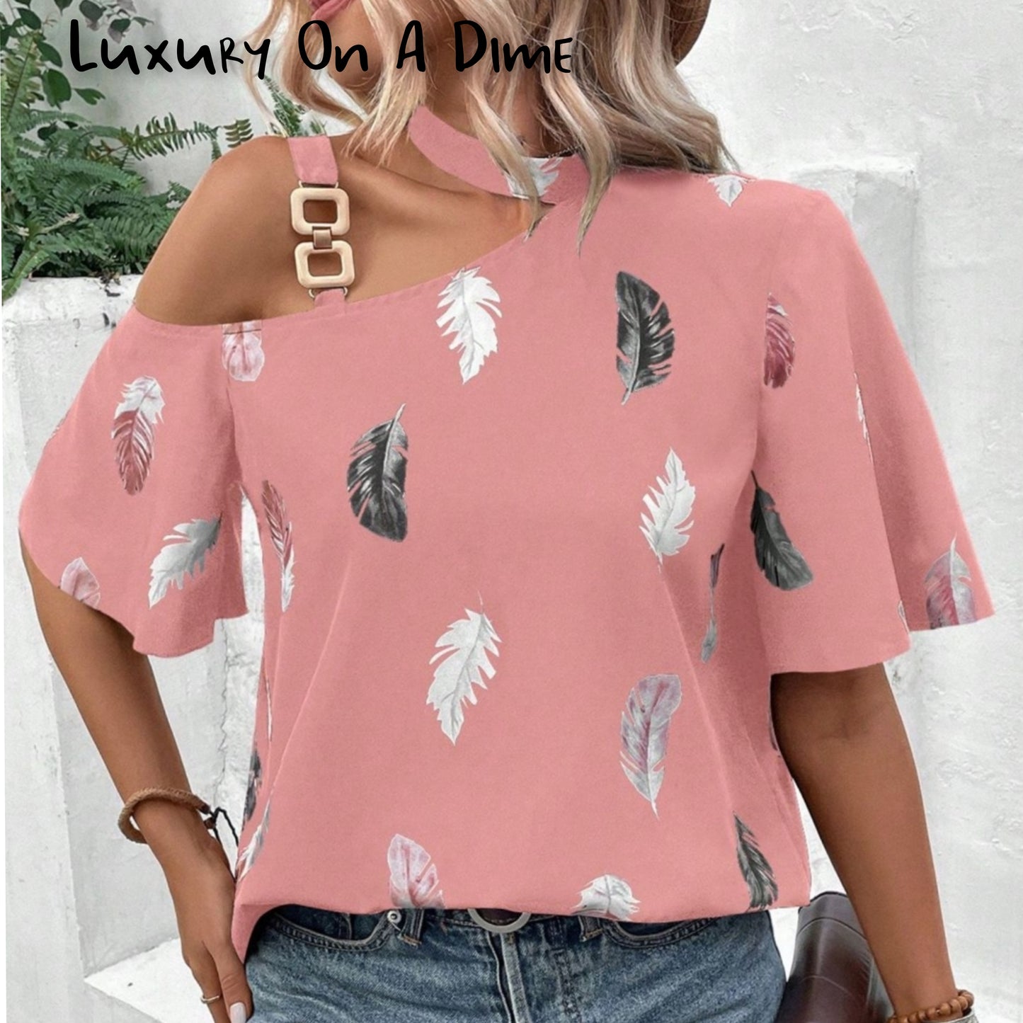 Feather Asymmetrical Cutout Top Gold Chain Shoulder Short Sleeve Blouse