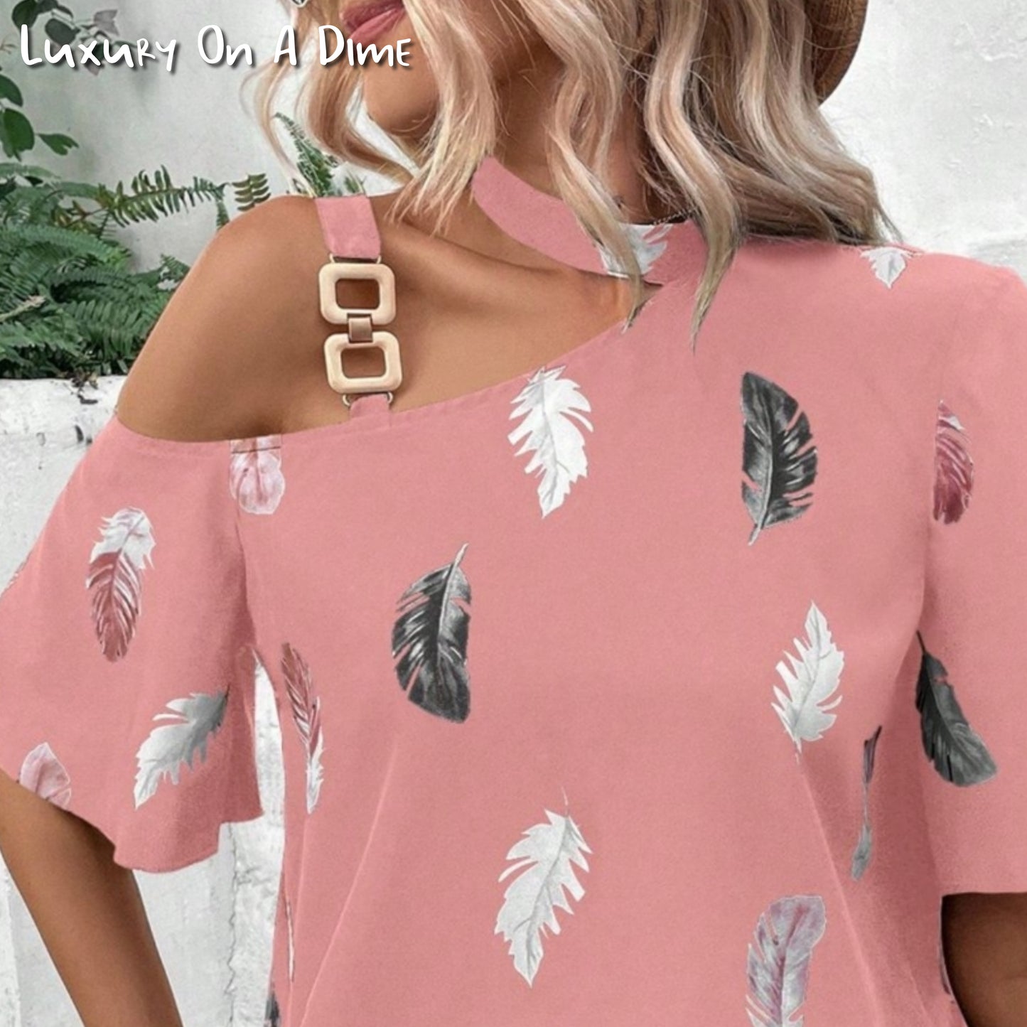 Feather Asymmetrical Cutout Top Gold Chain Shoulder Short Sleeve Blouse