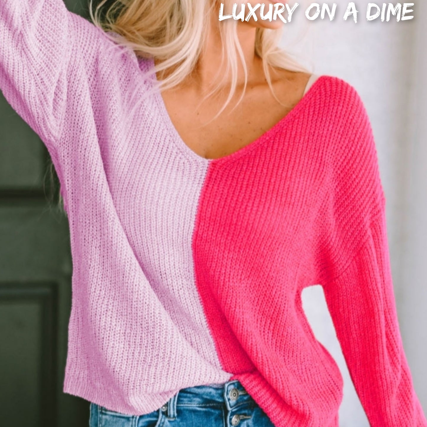 Color Block Contrast V-Neck Lightweight Pullover Knit Sweater