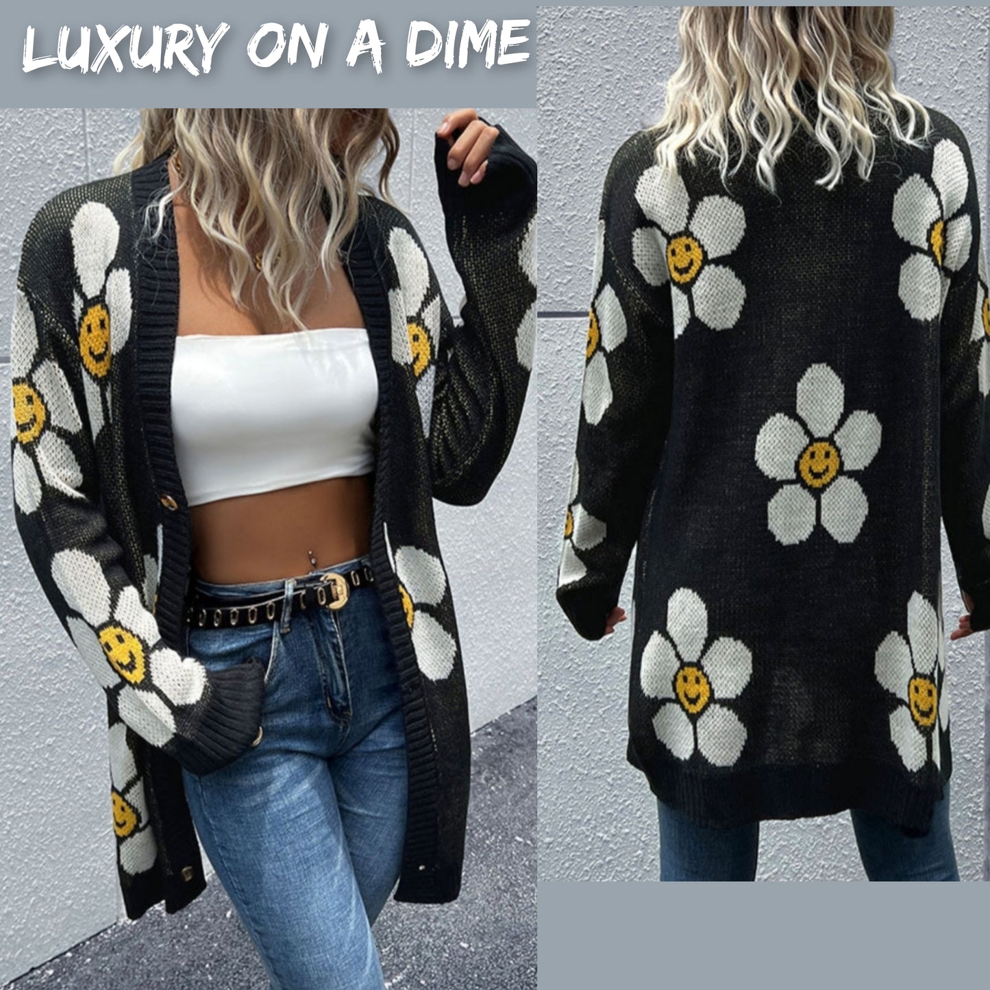 Daisy Smiley Face Button Down Longline Knit Cardigan